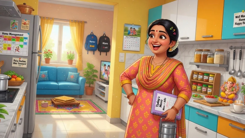 भारतीय गृहिणी साफ और व्यवस्थित घर में मुस्कुराते हुए खड़ी है, परिवार और रसोई के साथ होम मैनेजमेंट का दृश्य 