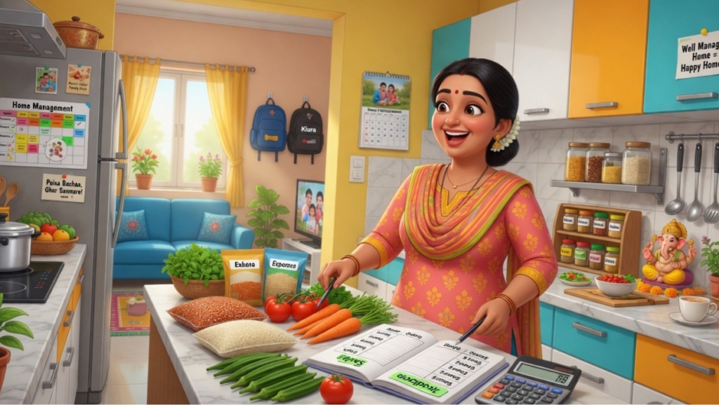 भारतीय गृहिणी रसोई में राशन, सब्जियां और मासिक बजट की योजना बनाते हुए स्मार्ट होम मैनेजमेंट करती हुई