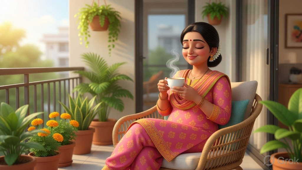 भारतीय गृहिणी बालकनी में चाय पीते हुए सुबह का शांत समय बिताती हुई