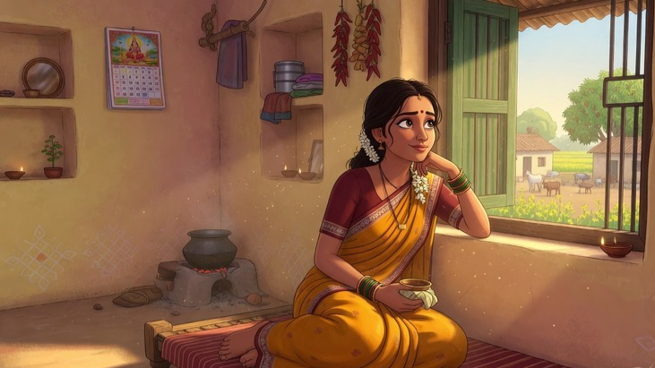 घर बैठे पैसे कमाने के बारे में सोचती हुई ग्रामीण गृहिणी ,A rural housewife contemplating how to earn money from home.
