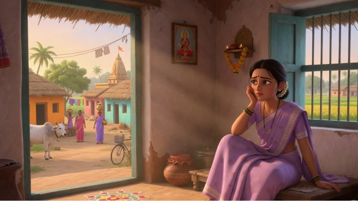 Housewife thinking about work from home jobs in village|