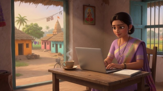 Housewife doing content writing work from home on laptop