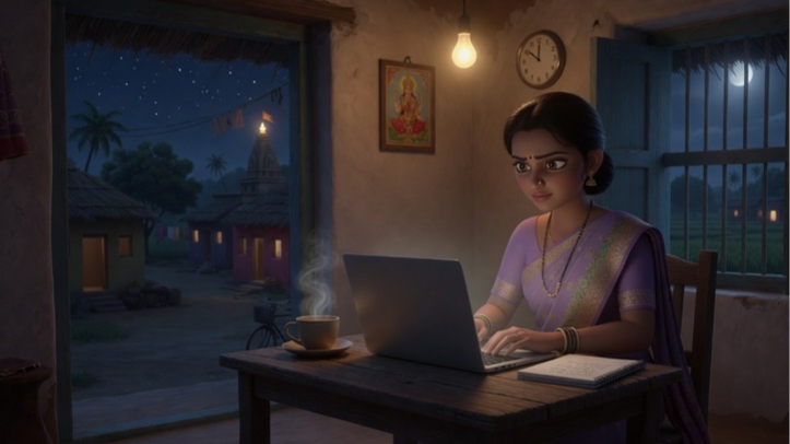 ALT Text:
Housewife doing data entry job on laptop at home
