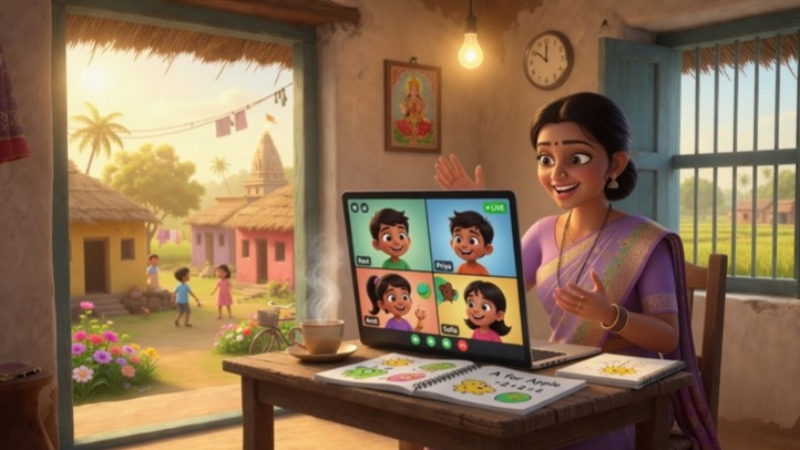 Housewife teaching students online from home