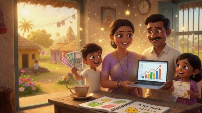 Happy housewife earning money from home with family
