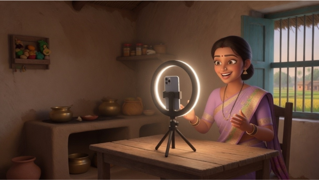 Housewife recording YouTube video at home