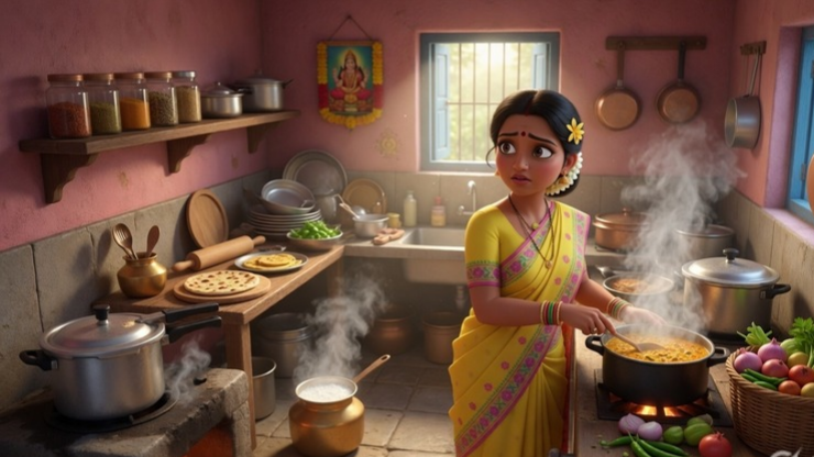 सुबह के घरेलू काम की शुरुआत गांव की गृहिणी सुबह घर के काम संभालते हुए