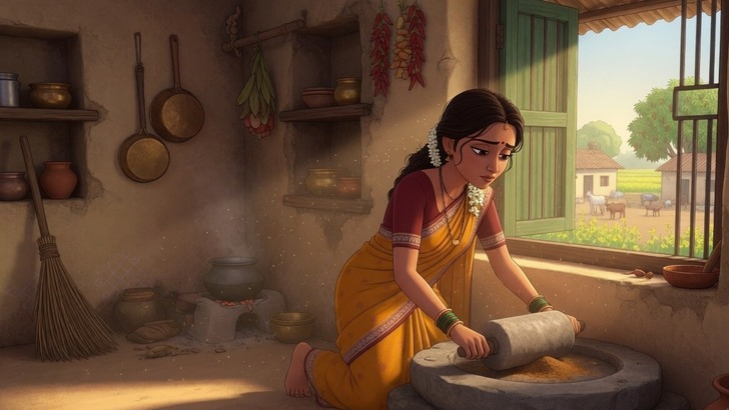 घर का काम करते हुए थकी हुई ग्रामीण गृहिणी ,Tried rural 
housewife doining housework 