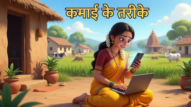 मोबाइल से काम करती हुई गृहिणी ऑनलाइन कमाई करते हुए ,Housewife working from home using a smartphone 