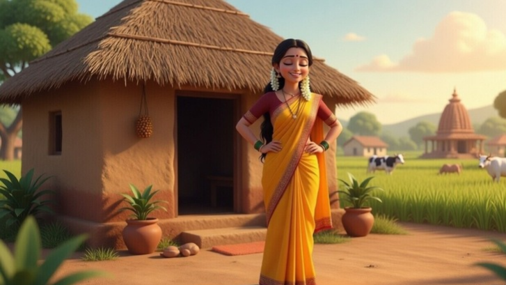 खुश और आत्मनिर्भर गृहिणी अपने घर के सामने, Happy and self -suffcien housewife in front of her house 